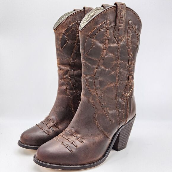 Dingo Devine Western Cowboy Boots Brown Leather Lacing Mid Heel Women's 6 - Picture 1 of 10
